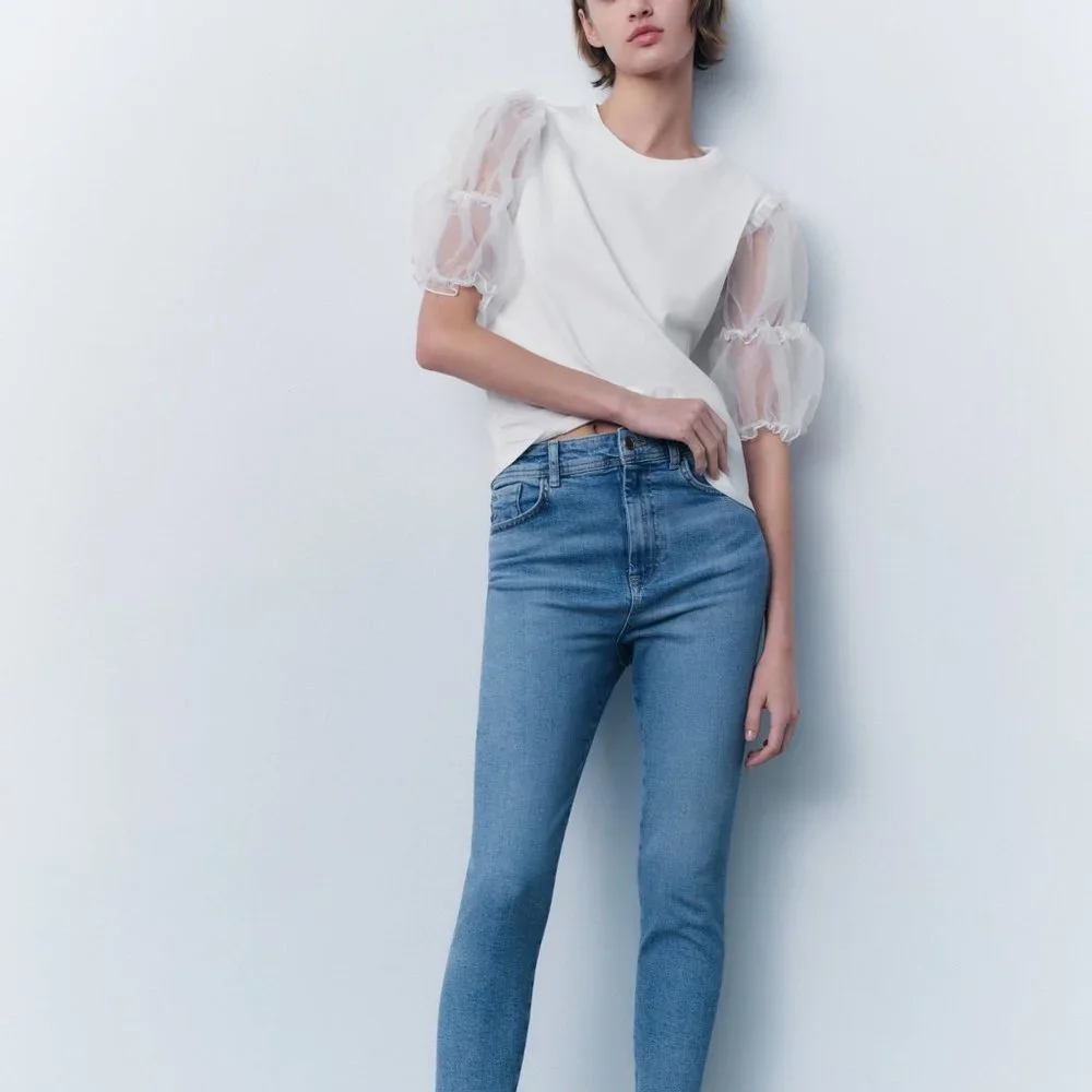 Zara White Organza Puff Sleeve Top Sz Large NWT
